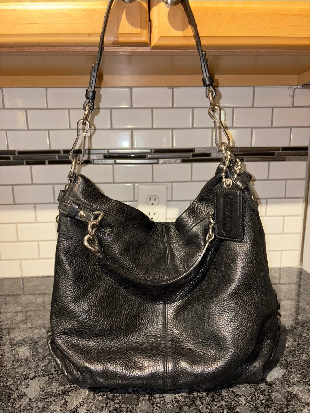 Coach Black Pebbled Leather Shoulder Hobo with Silver Hardware